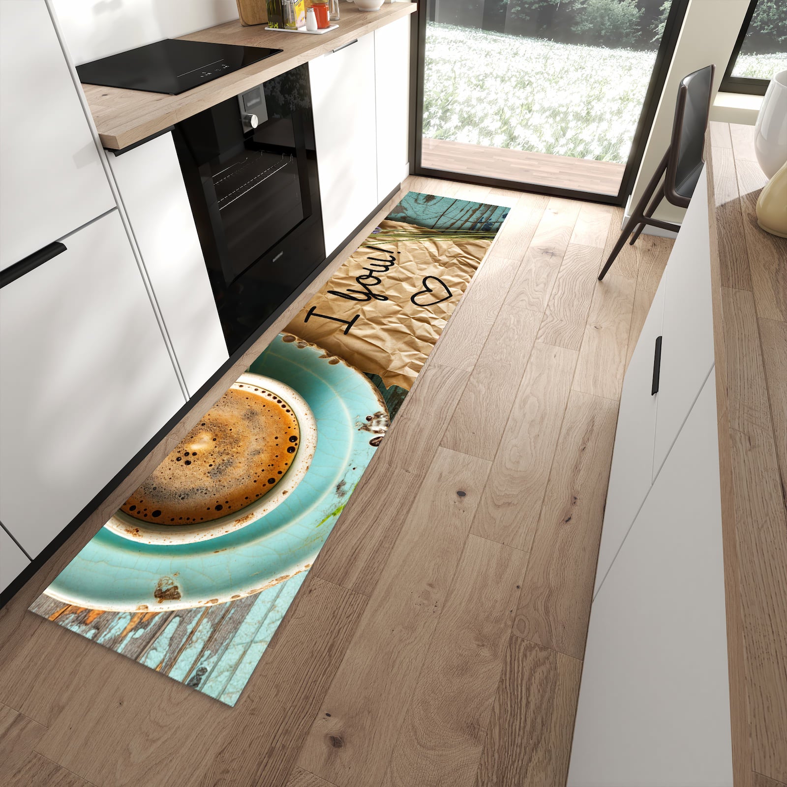 Wasserabweisender Teppich für Esstisch mit Motiv Tasse und Lavendel in moderner Küche