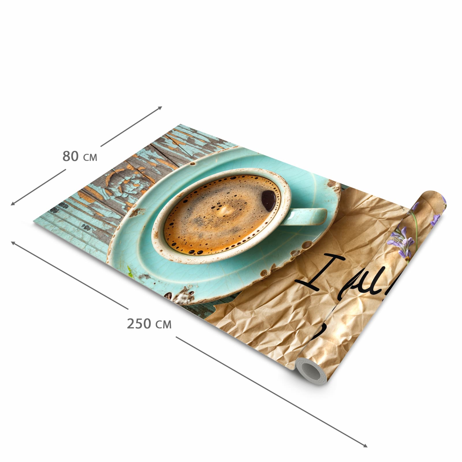 Geruchsneutraler rutschfester Küchenläufer mit Motiv Tasse und Lavendel in der Grösse 80x280 cm