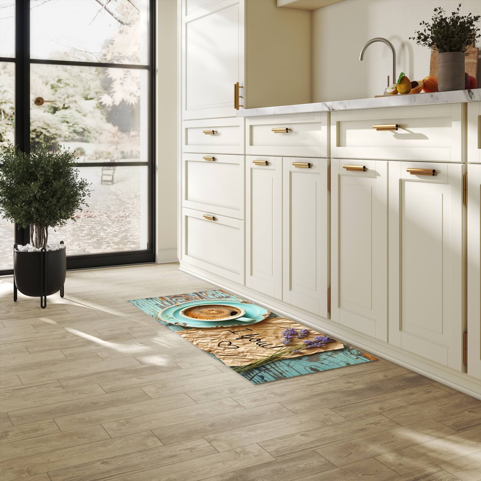 Bodenschonender Küchenteppich mit Motiv Tasse und Lavendel in heller Küche