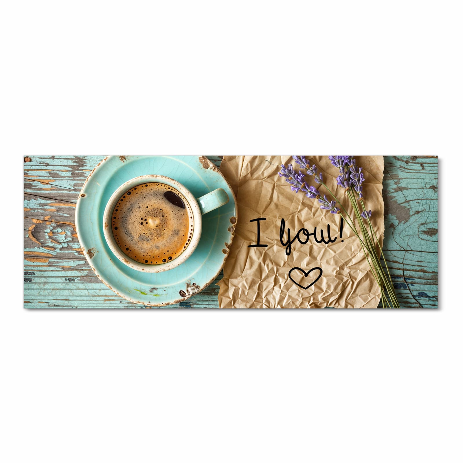 Pflegeleichter waschbarer Küchenläufer mit Motiv Tasse und Lavendel in Frontansicht