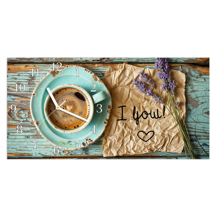 Wanduhr Tasse und Lavendel aus Glas – Querformat 60 × 30 cm mit Ziffernblatt Klassisch