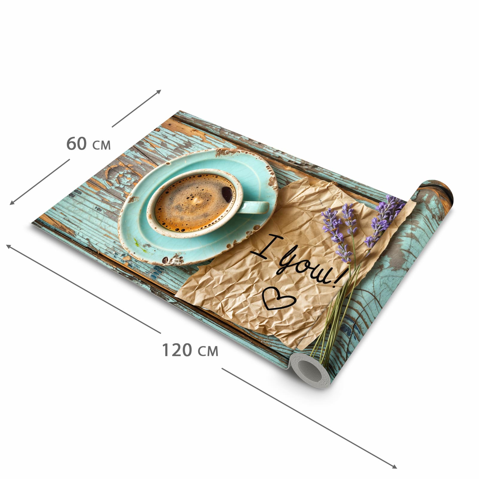 Zeitsparender großer Küchenteppich mit Motiv Tasse und Lavendel in der Größe 80x280 cm