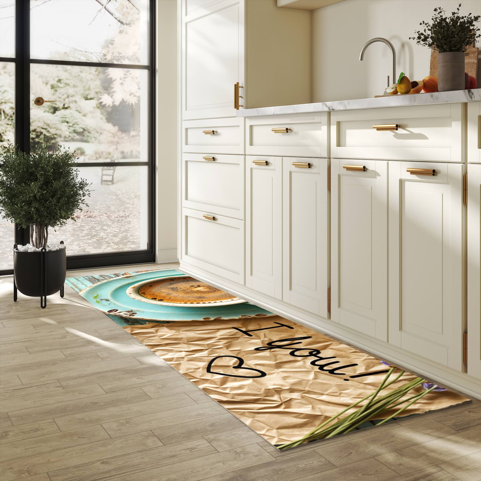 Komfortabler Küchenläufer mit Motiv Tasse und Lavendel in heller Küche für angenehmes Stehen