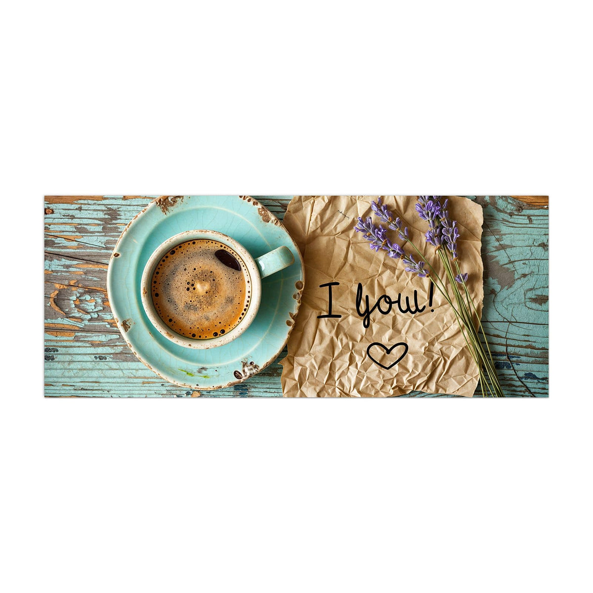 Küchenrückwand aus Glas Tasse und Lavendel im Hochformat, Motiv bildfüllend von vorn