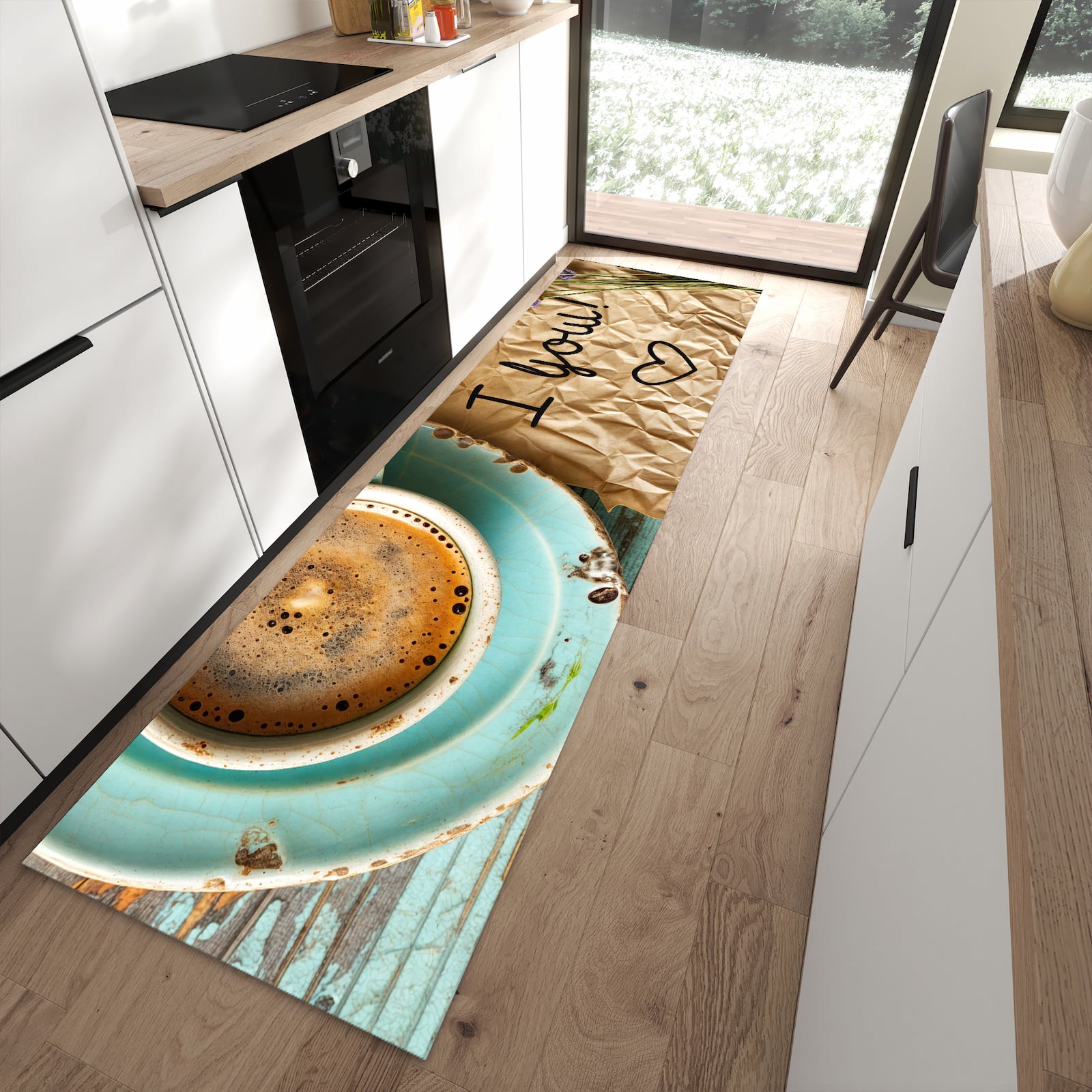 Flacher Küchenteppich mit Motiv Tasse und Lavendel in moderner Küche - waschbar