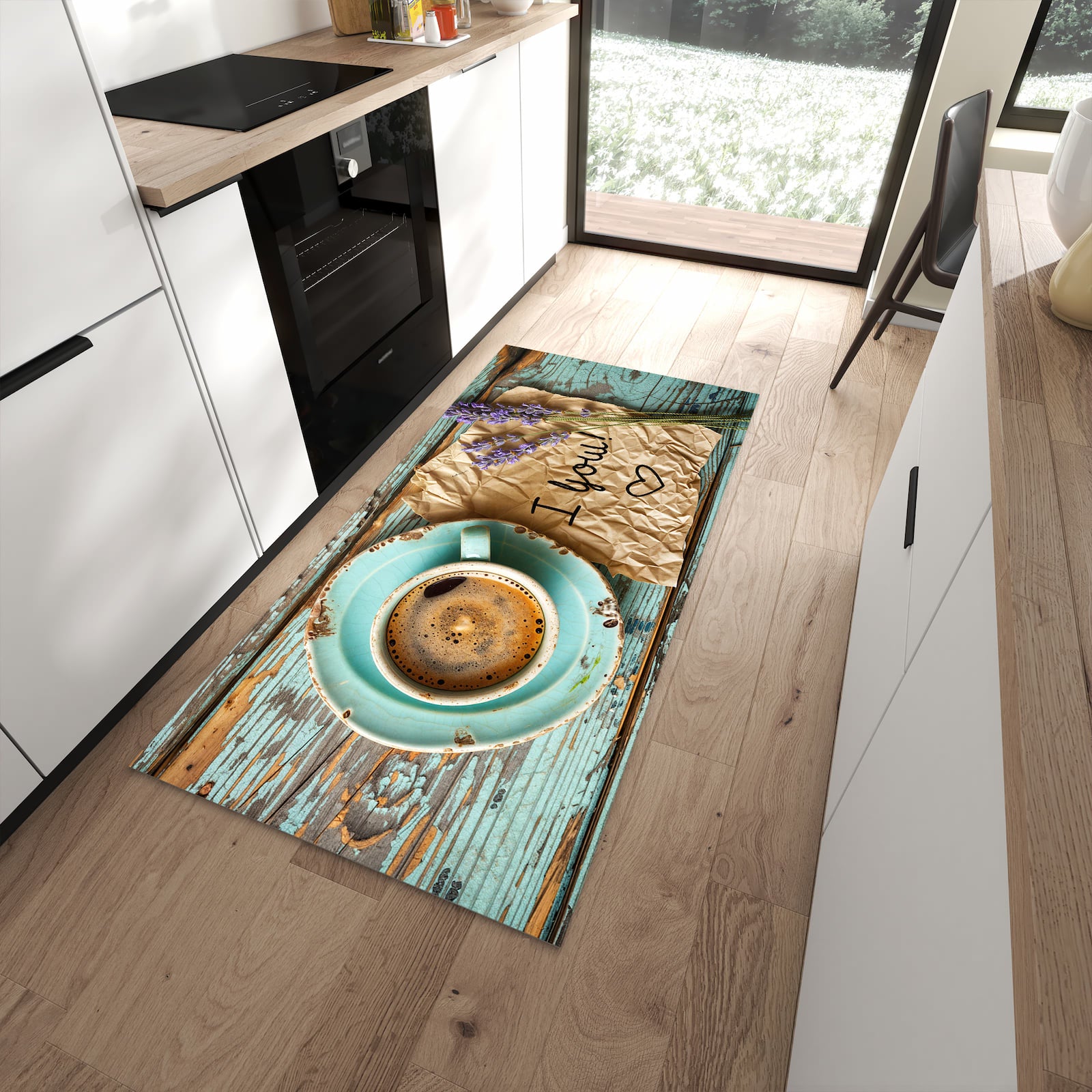 Komfortabler rutschfester Küchenteppich mit Motiv Tasse und Lavendel in moderner Küche