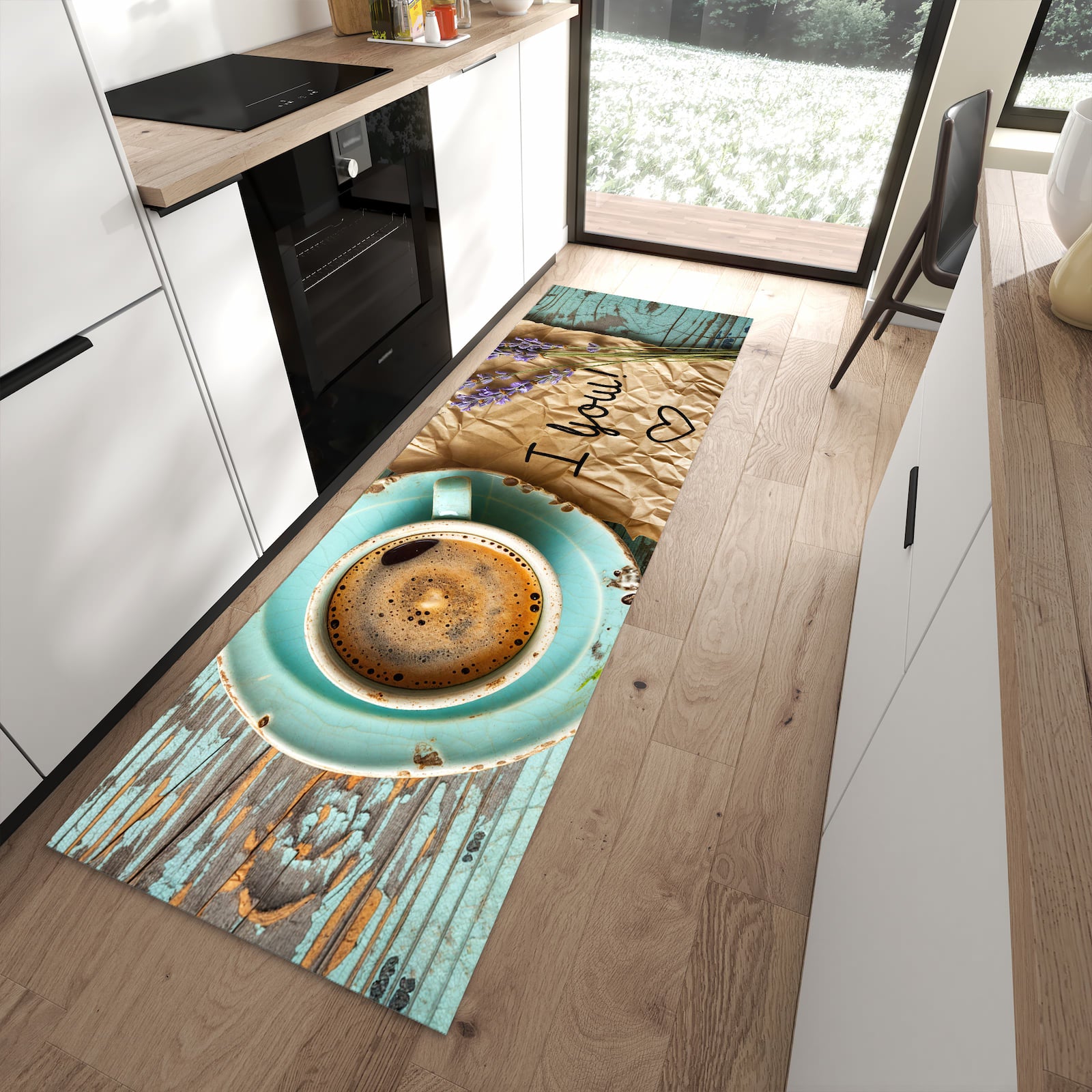 Langlebiger Küchenteppich mit Motiv Tasse und Lavendel in moderner Küche