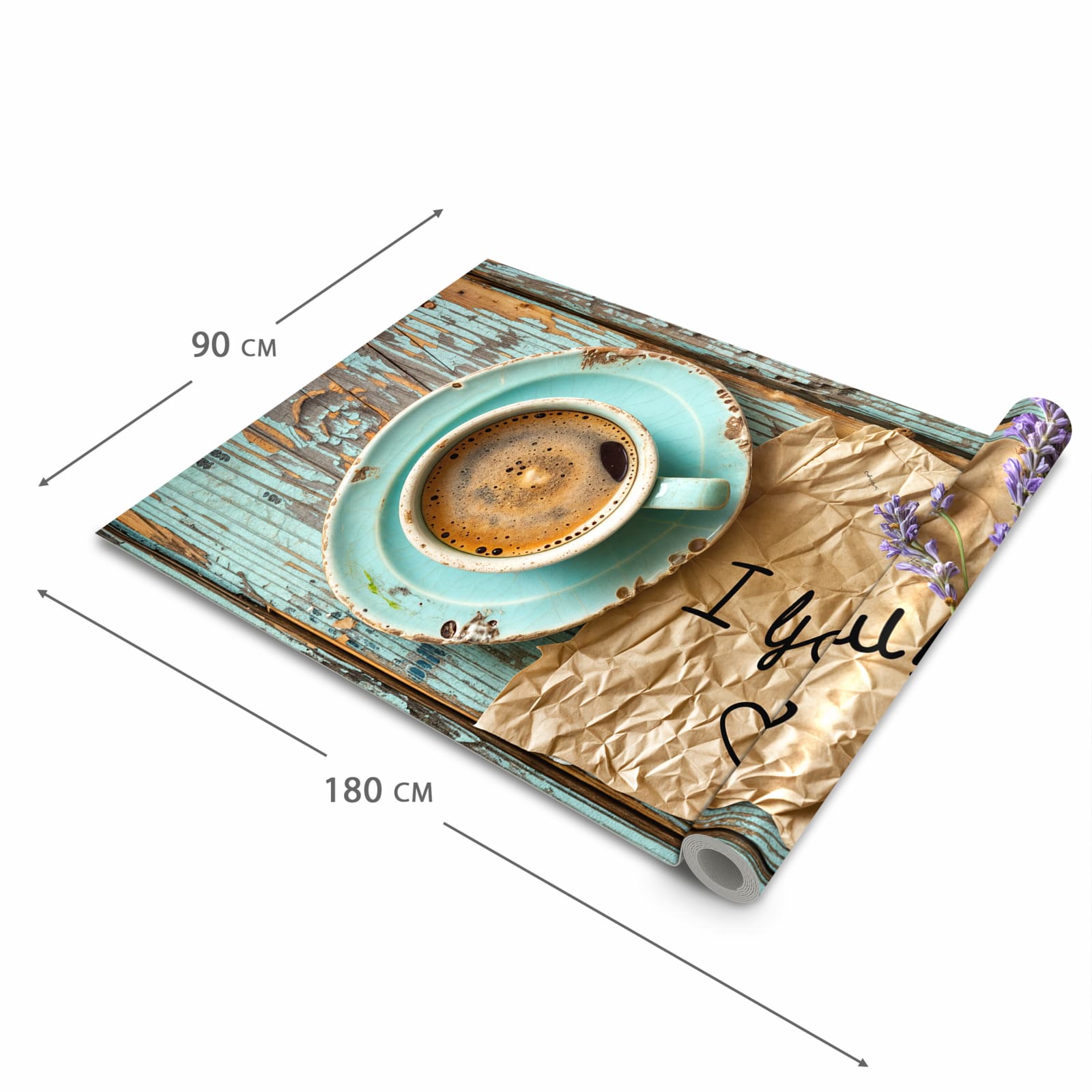 Pflegeleichter moderner Küchenläufer mit Motiv Tasse und Lavendel in der Größe 80x280 cm