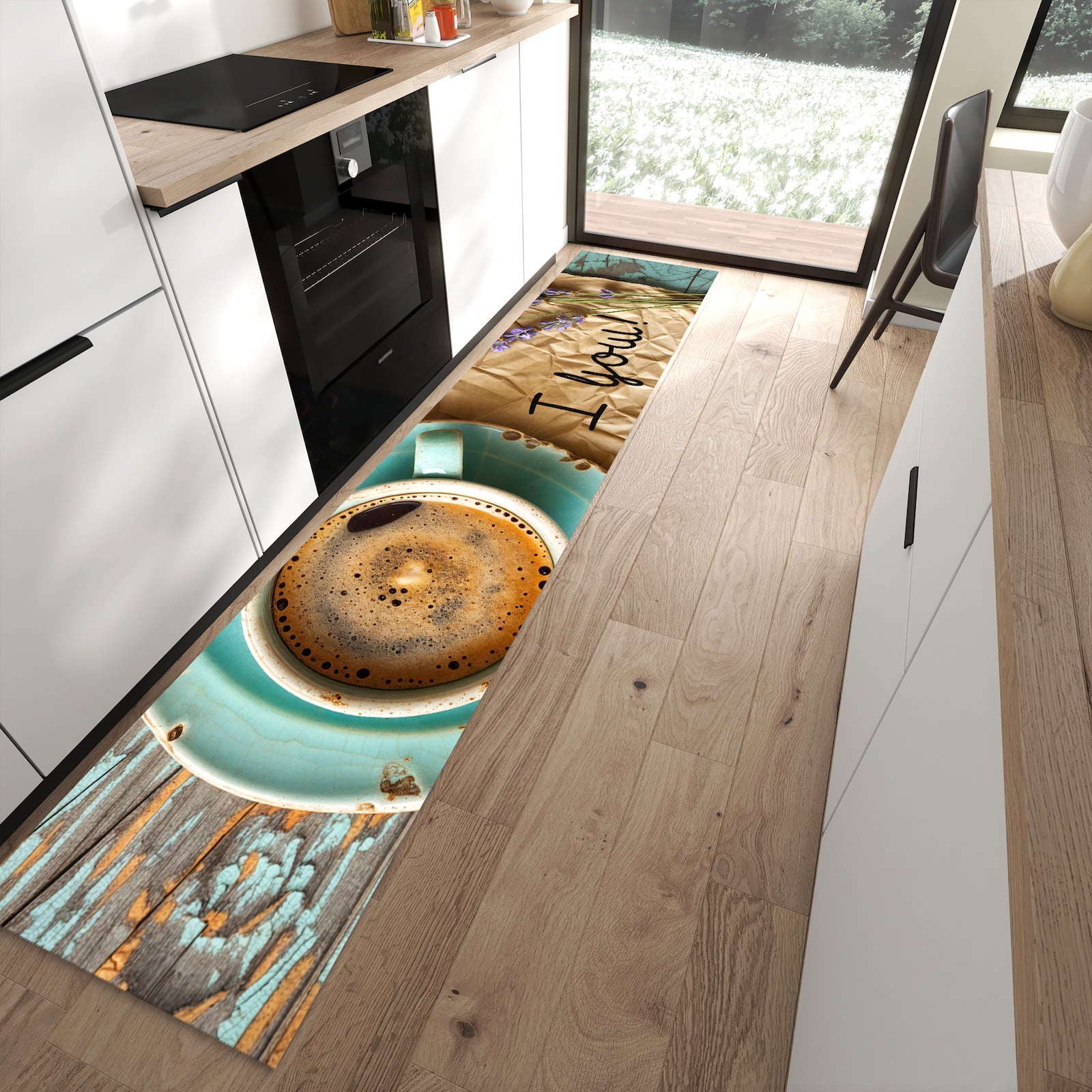 Fleckenresistenter rutschfester Küchenteppich mit Motiv Tasse und Lavendel in moderner Küche