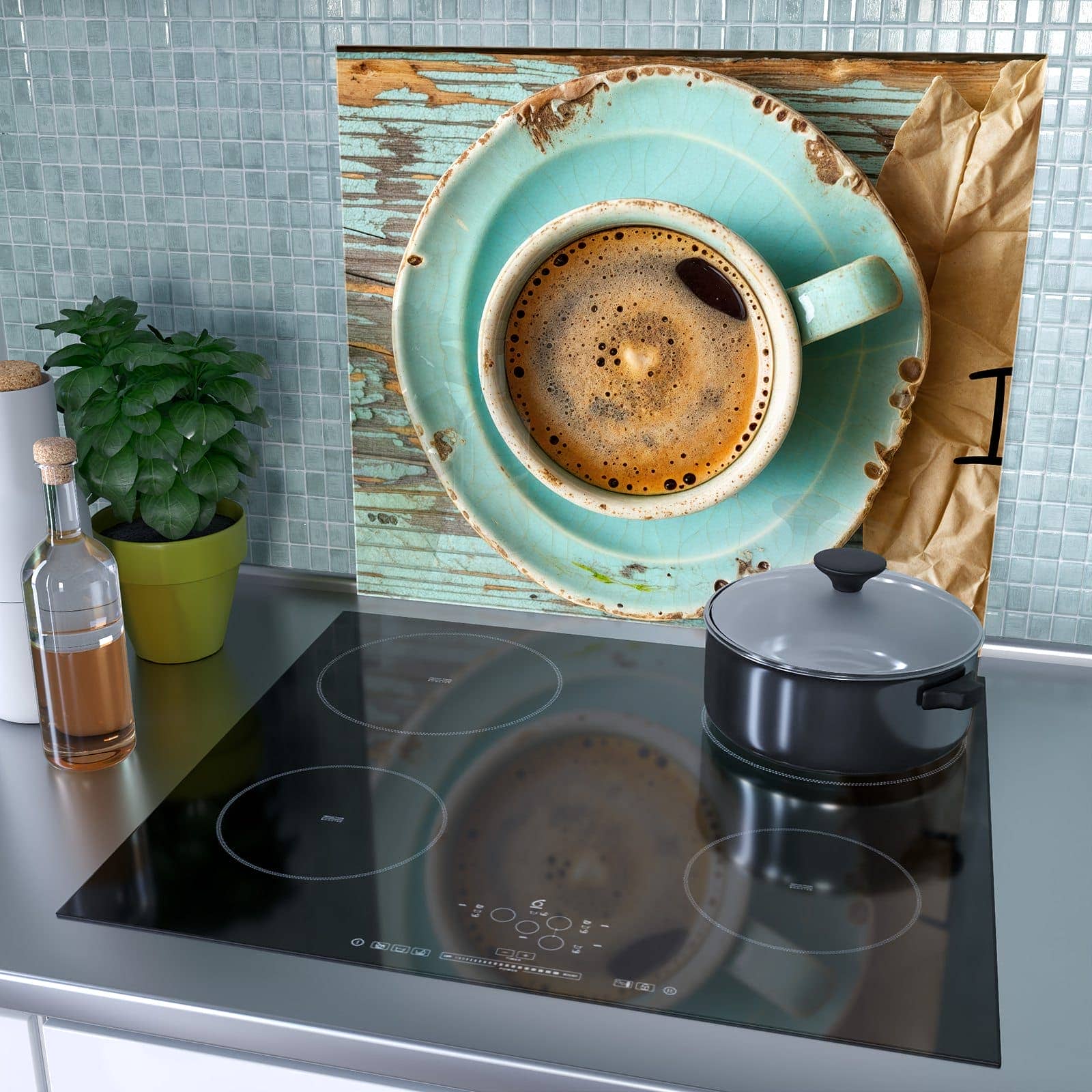 1-teilige Abdeckung für Herdplatte mit Tasse und Lavendel-Motiv als Spritzschutz hinter dem Kochfeld