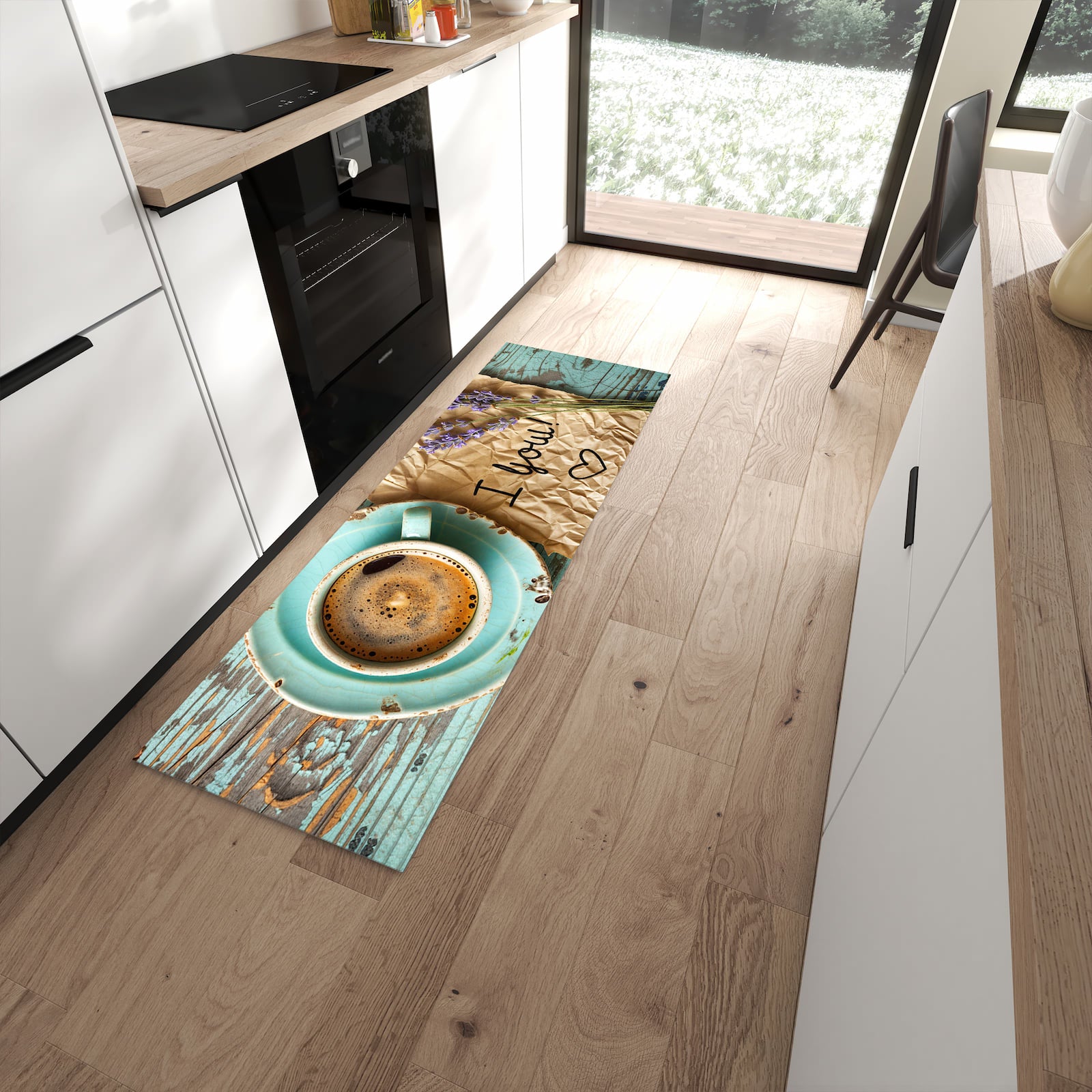UV-beständiger waschbarer Küchenteppich mit Motiv Tasse und Lavendel in moderner Küche