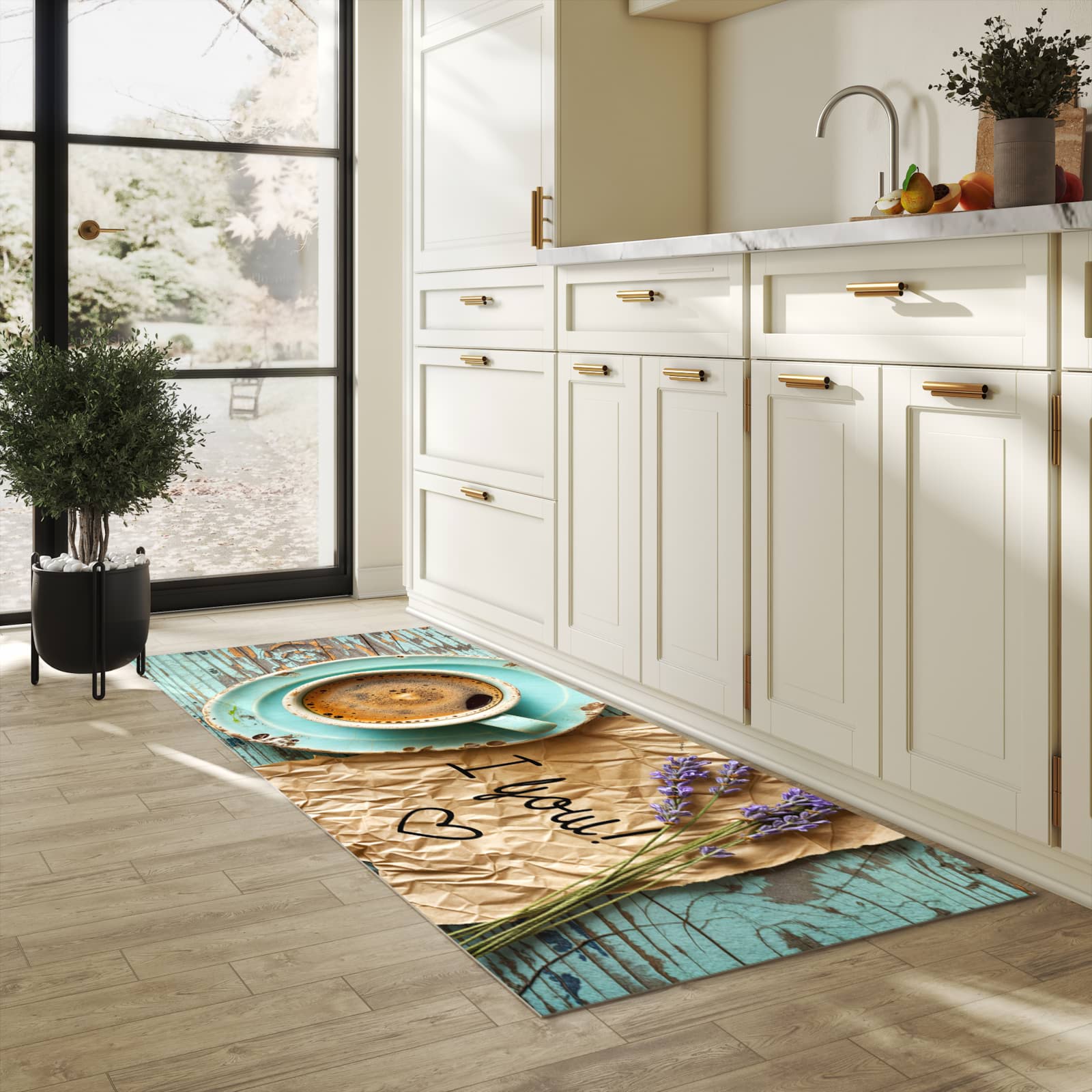 Schmutzabweisender waschbarer Küchenläufer mit Motiv Tasse und Lavendel in heller Küche