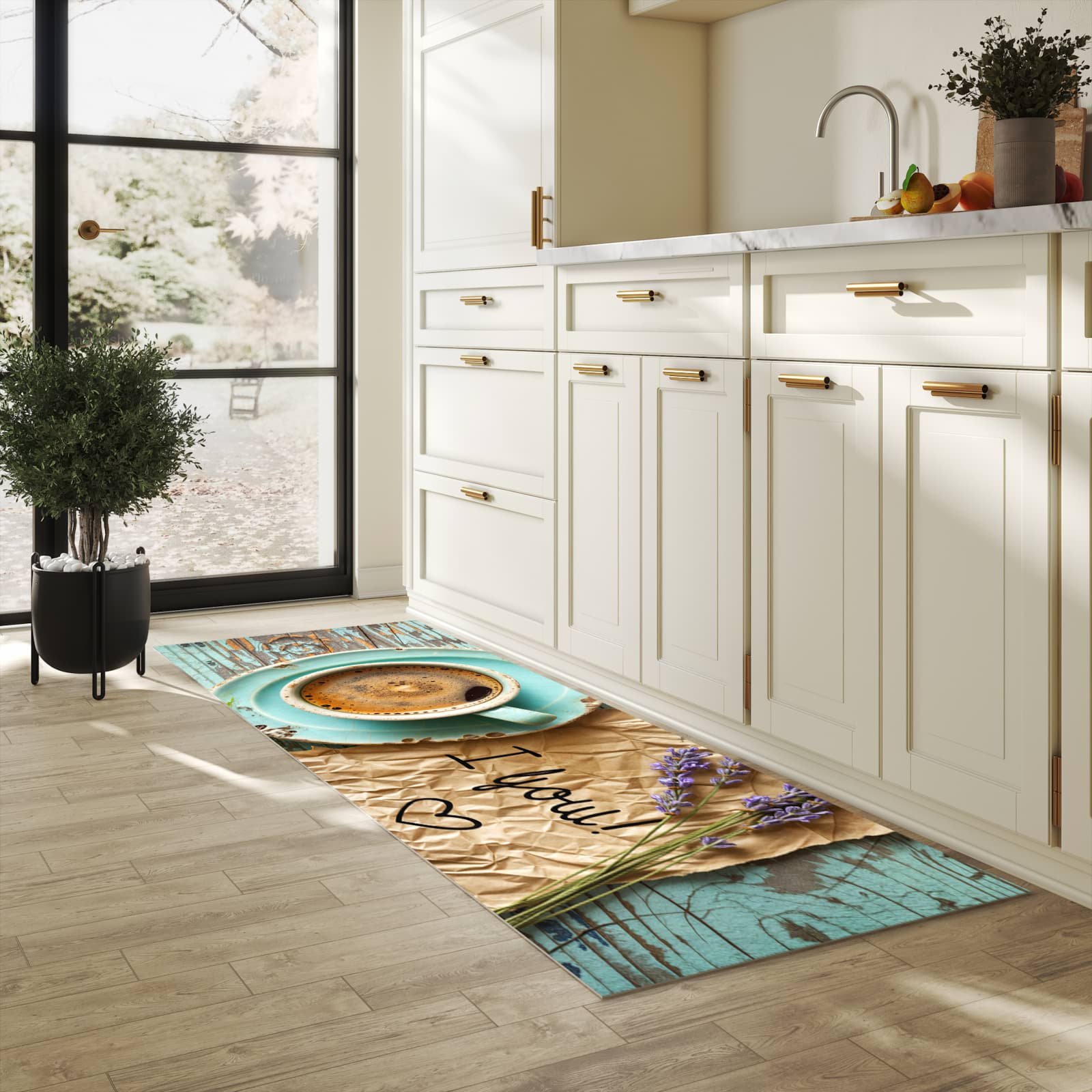 UV-beständiger Küchenläufer mit Motiv Tasse und Lavendel in heller Küche