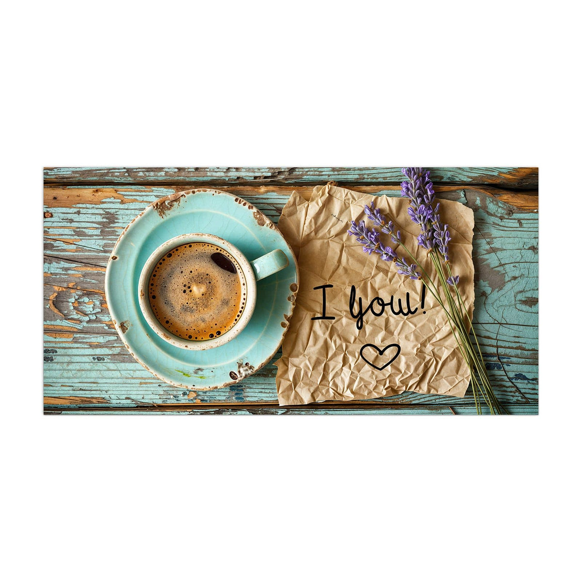 Küchenrückwand aus Glas Tasse und Lavendel im Hochformat, Motiv bildfüllend von vorn