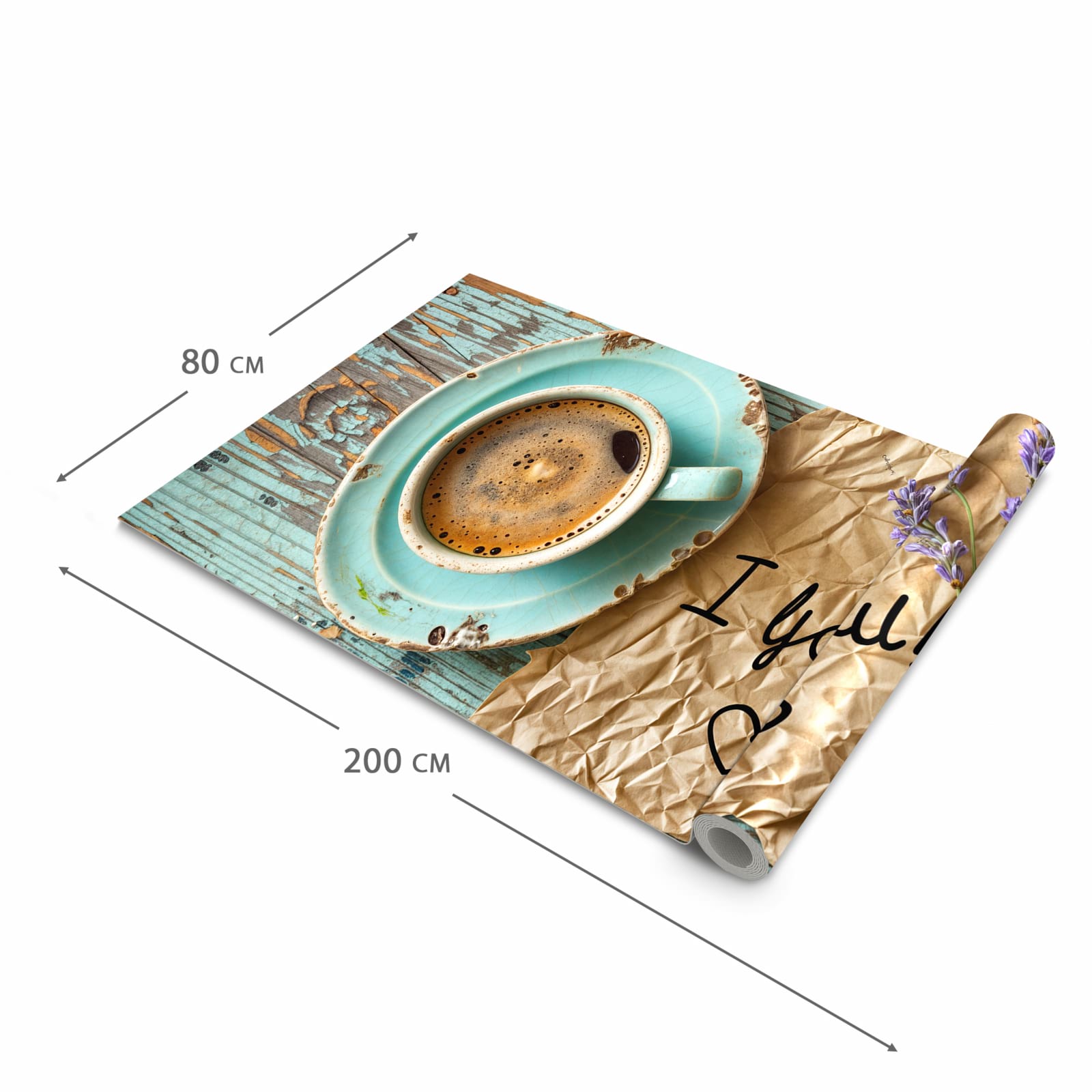 Schmutzabweisender rutschfester Küchenläufer mit Motiv Tasse und Lavendel in der Größe 80x280 cm