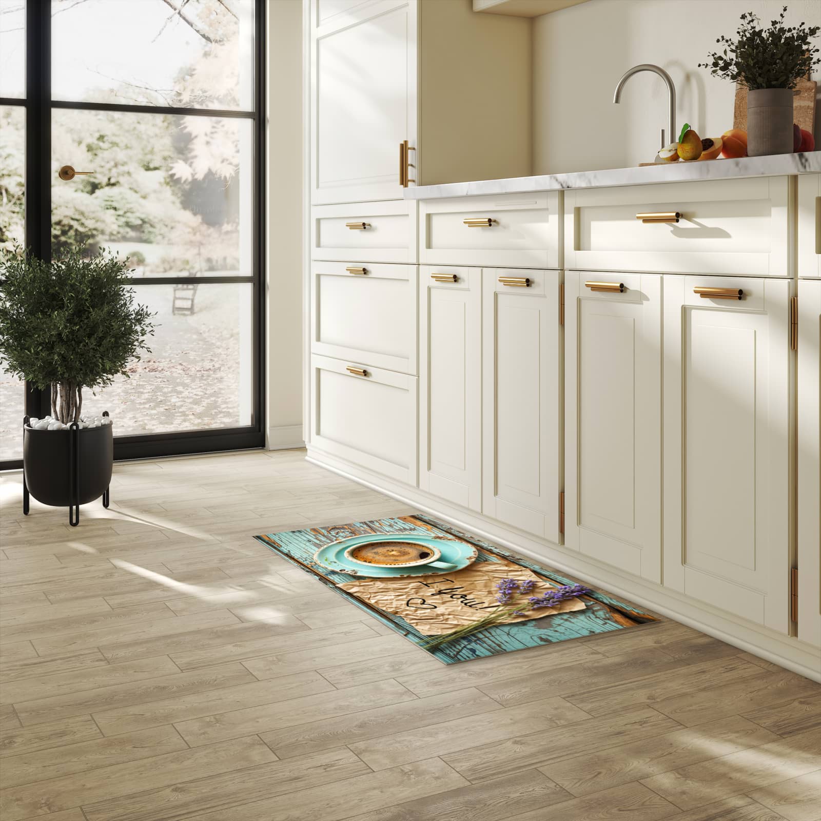 Küchenteppich mit Motiv Tasse und Lavendel für Ordnung & Übersicht in heller Küche