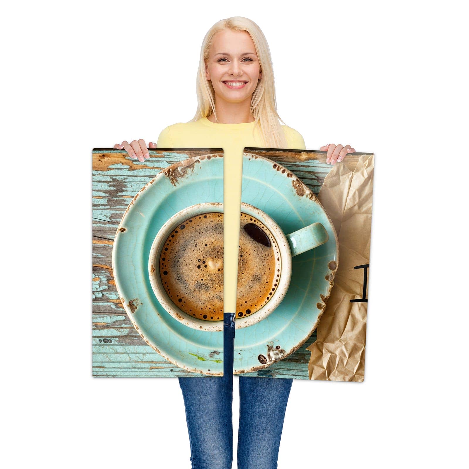 2-teilige Abdeckplatten für Herd mit Tasse und Lavendel-Motiv wird zur Größendarstellung gehalten