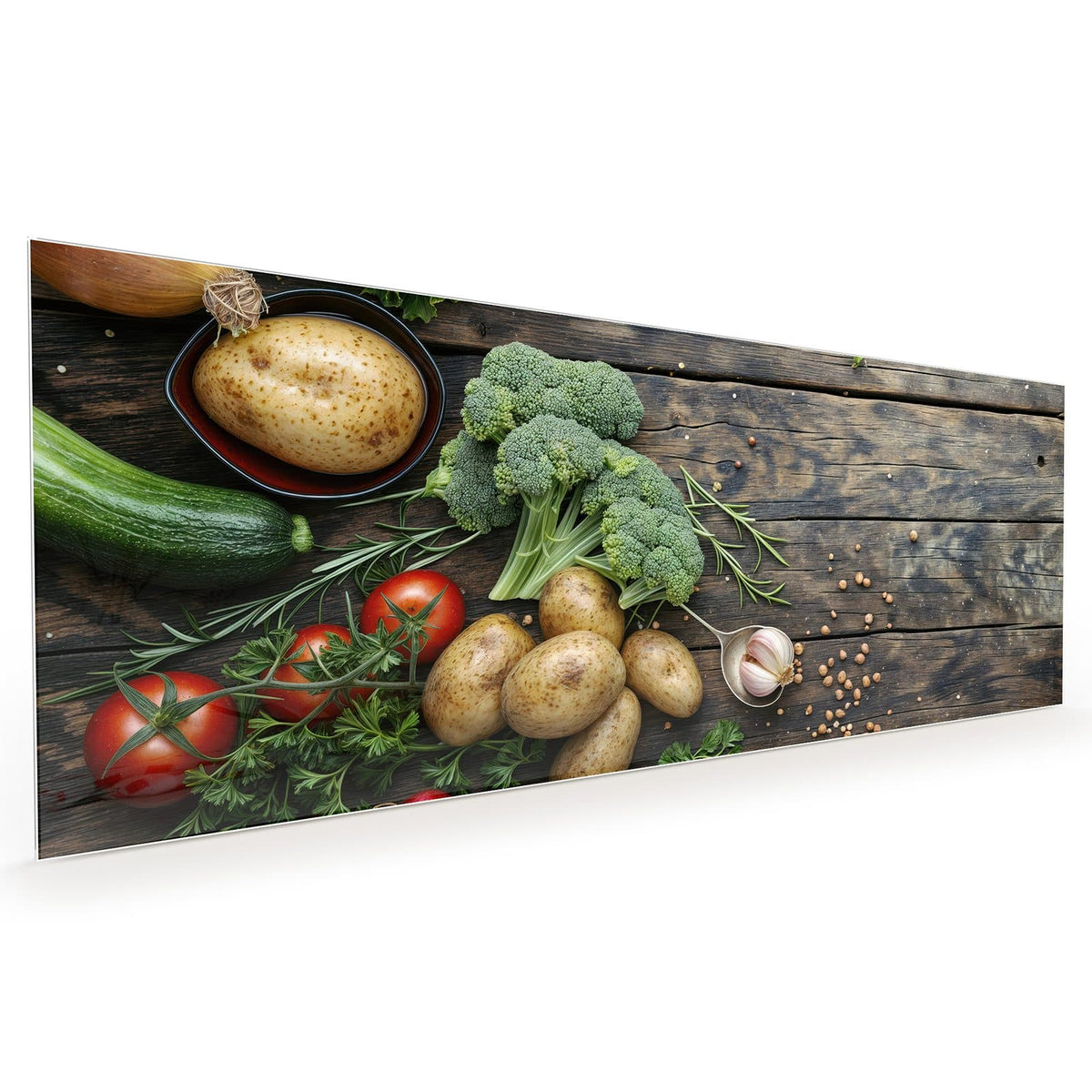 Küchenrückwand aus Glas im Hochformat: Draufsicht auf Holz: Grünkohl, Brokkoli, Kartoffeln, Zwiebel, Zucchini, Tomaten, Knoblauch und Kräuter.