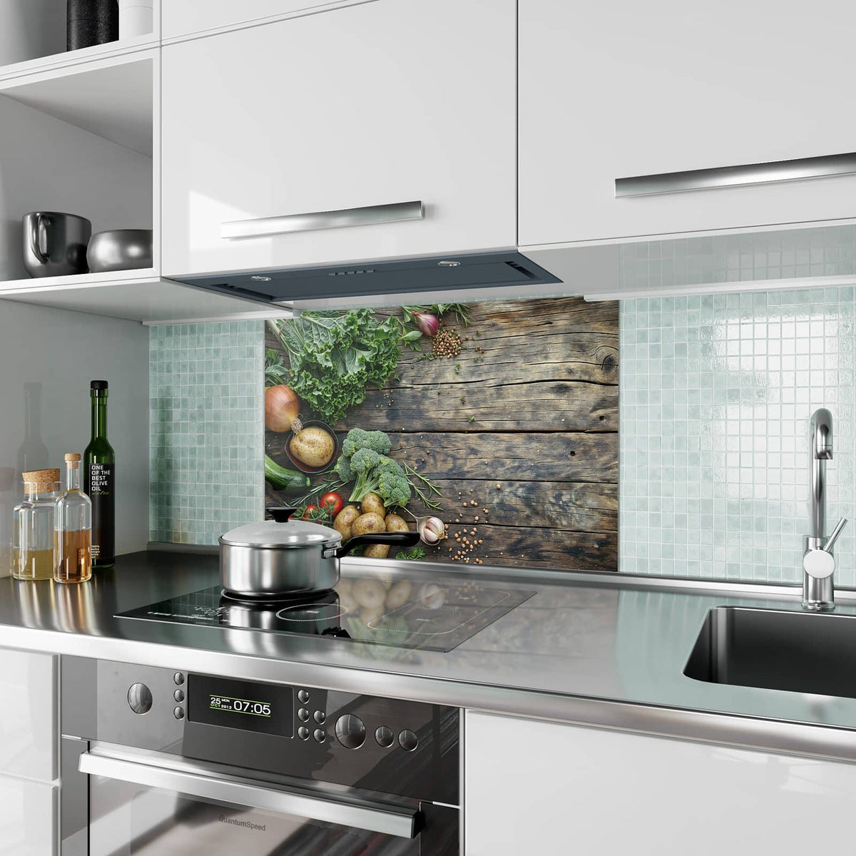 Küchenrückwand aus Glas Brokkoli und Grünkohl im Hochformat als Spritzschutz hinter dem Kochfeld, über dem Fliesenspiegel montiert