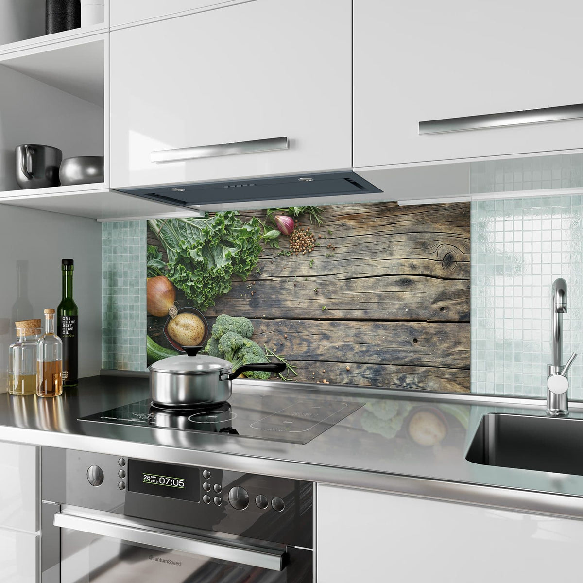 Küchenrückwand aus Glas Brokkoli und Grünkohl im Hochformat als Spritzschutz hinter dem Kochfeld, über dem Fliesenspiegel montiert