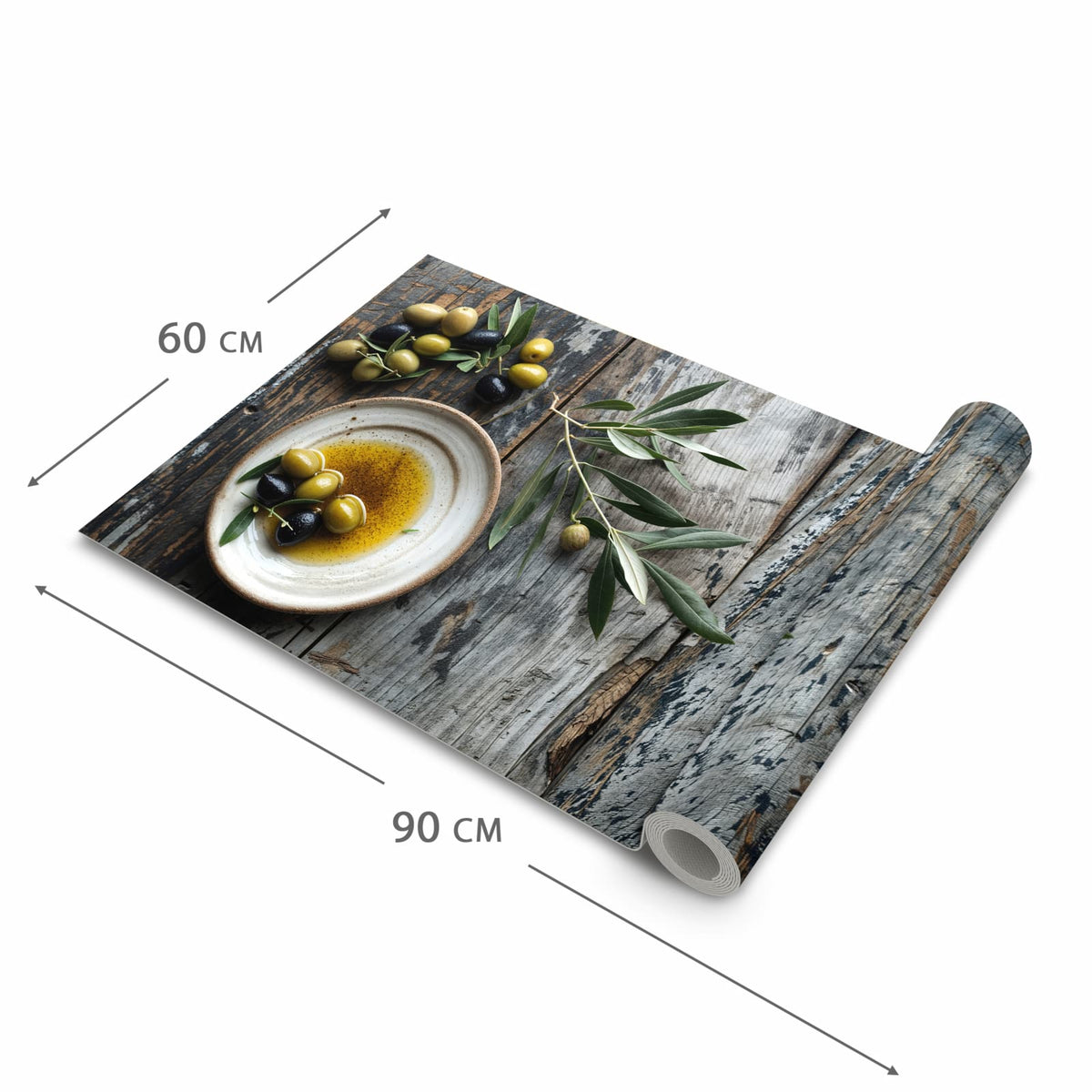 Geruchsneutraler waschbarer Küchenläufer mit Motiv Oliven auf Teller in der Grösse 80x250 cm