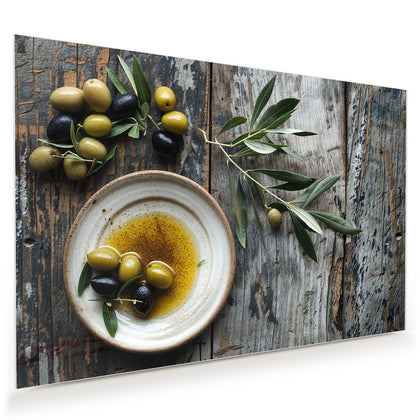 Wandbild mit dem Motiv Oliven und Olivenöl