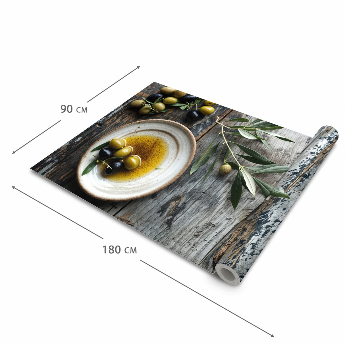 Rutschhemmender dünner Teppich mit Motiv Oliven auf Teller in der Grösse 80x250 cm