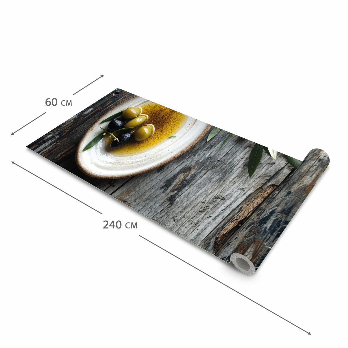 Wasserabweisender Küchenläufer mit Motiv Oliven auf Teller in der Grösse 80x250 cm