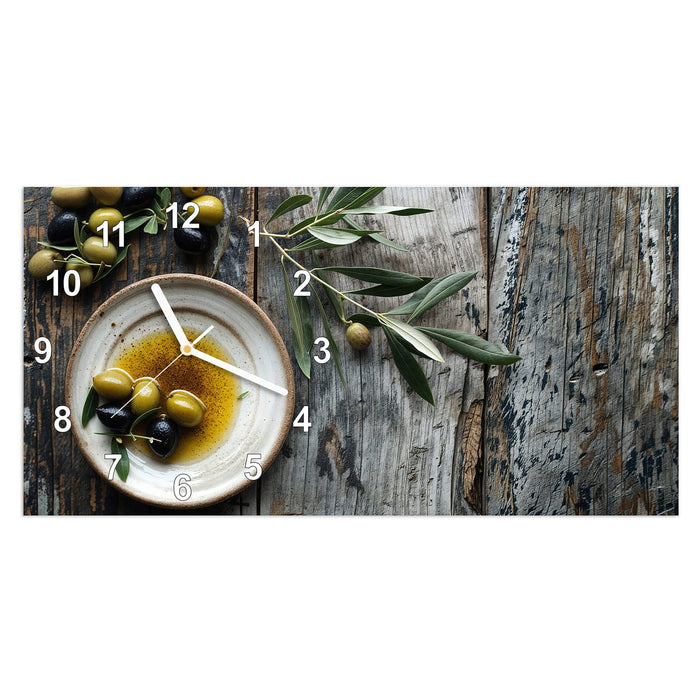 Wanduhr Oliven auf Teller aus Glas – Querformat 60 × 30 cm mit Ziffernblatt Modern