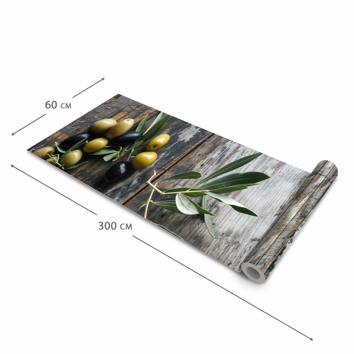 Schmutzabweisender Teppichläufer für die Küche mit Motiv Oliven auf Teller in der Grösse 80x250 cm