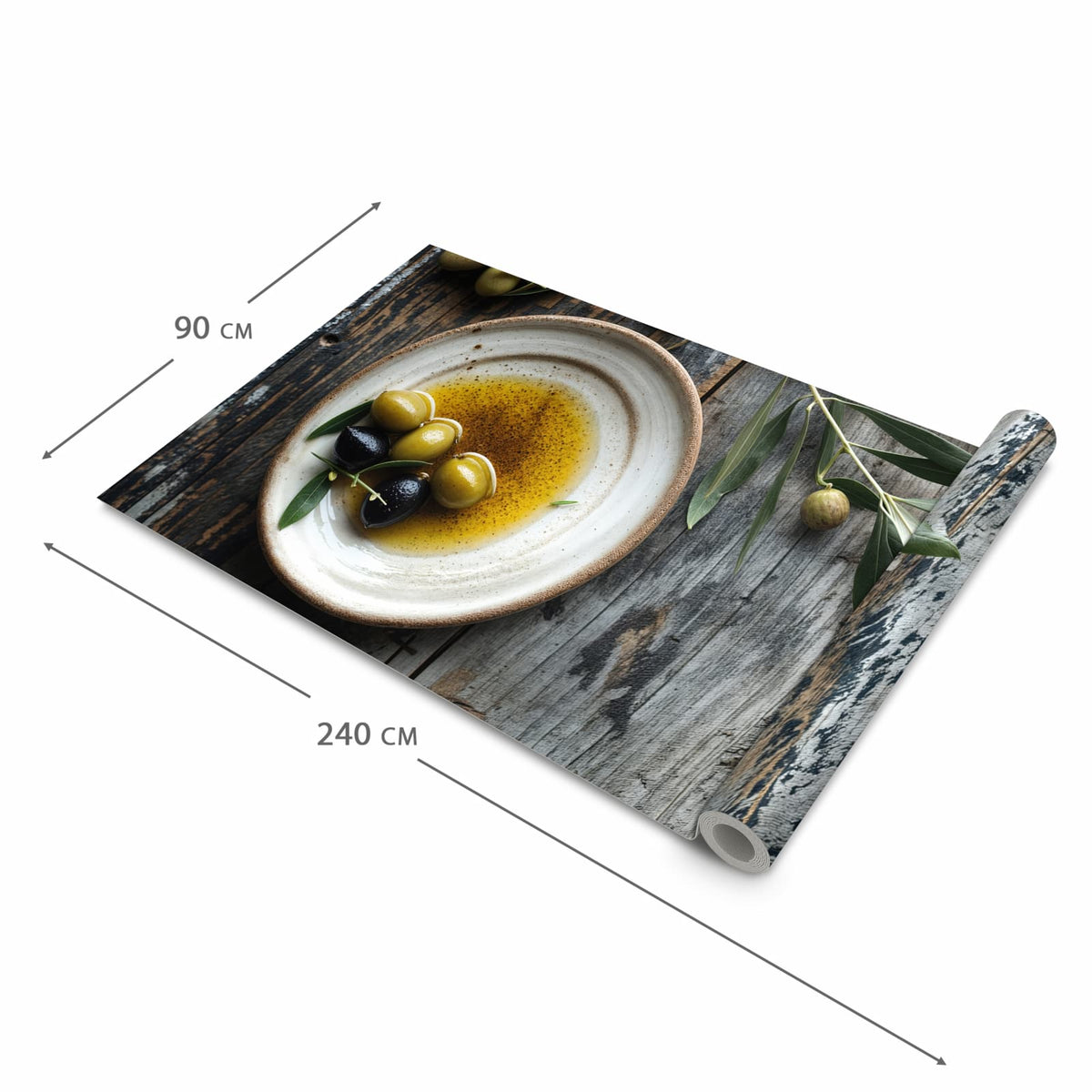 Rutschfester dünner Teppich mit Motiv Oliven auf Teller in der Grösse 80x250 cm, einfach zu reinigen