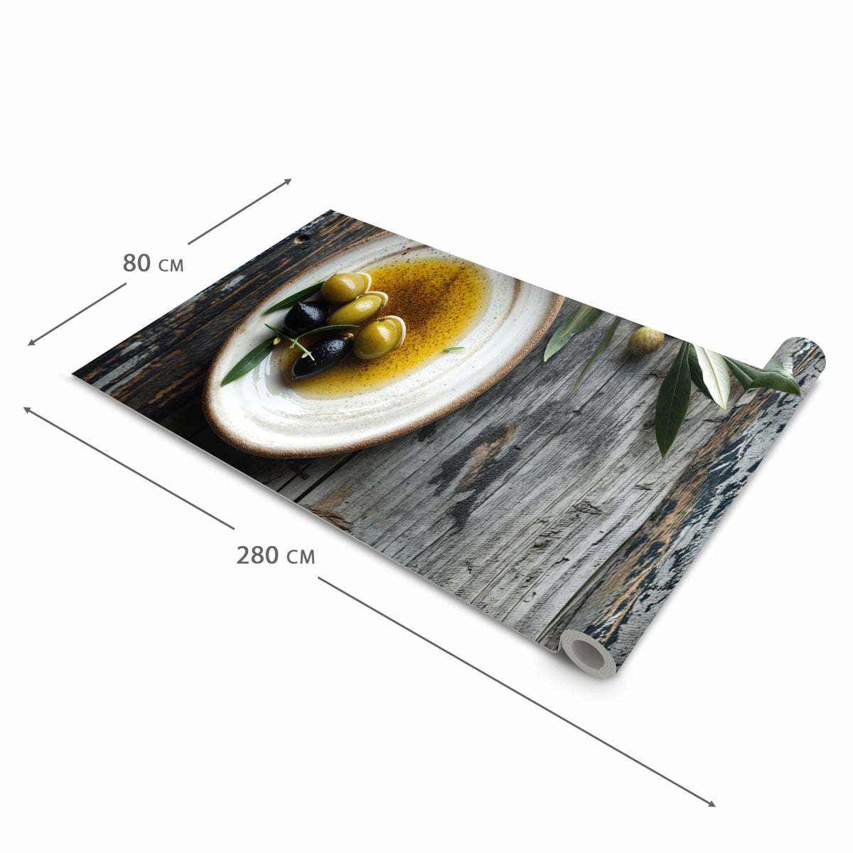 Pflegeleichter Läufer Eingangsbereich mit Motiv Oliven auf Teller in der Größe 80x250 cm