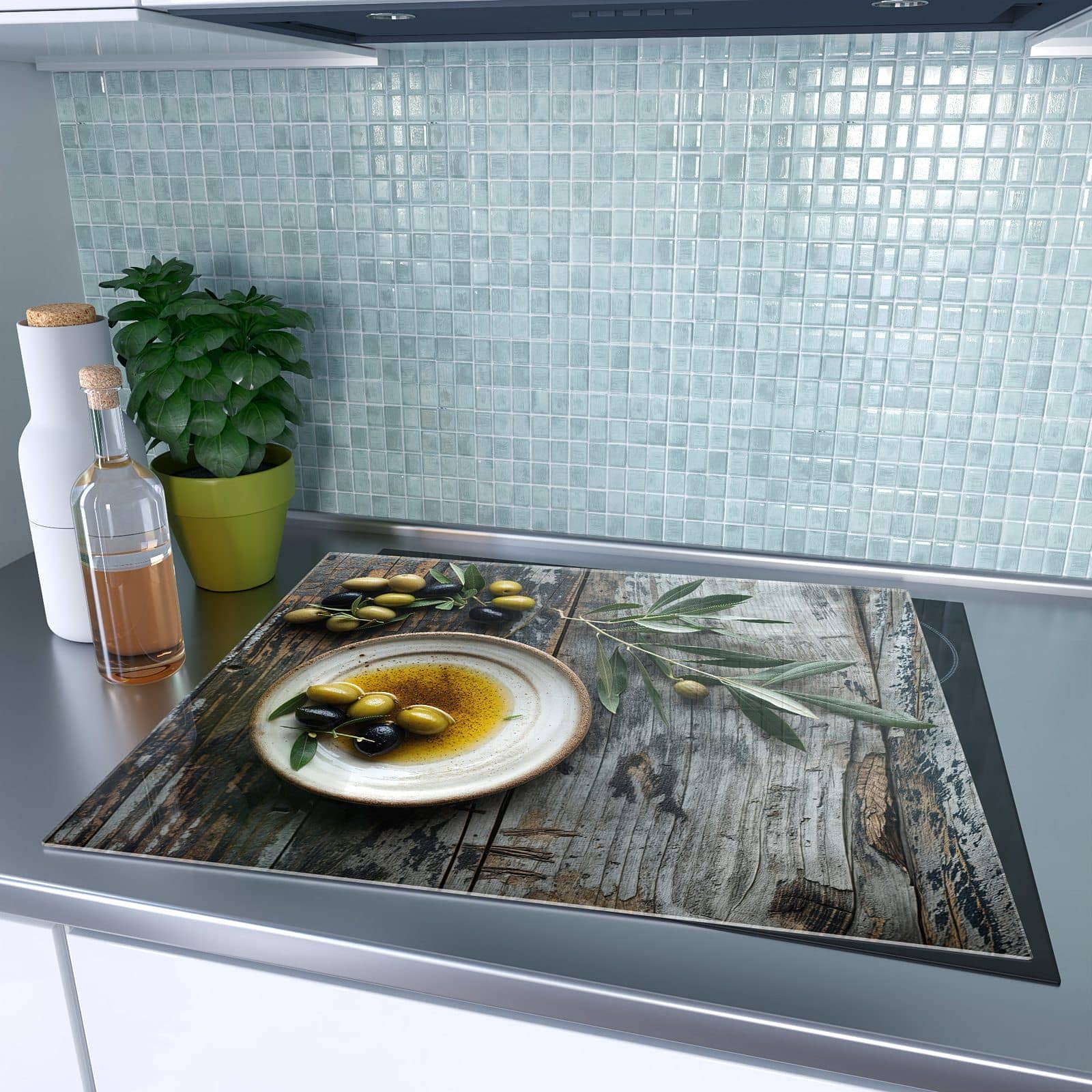 1-teilige Herdabdeckplatten für den Herd mit Oliven auf Teller-Motiv auf dem Ceranfeld
