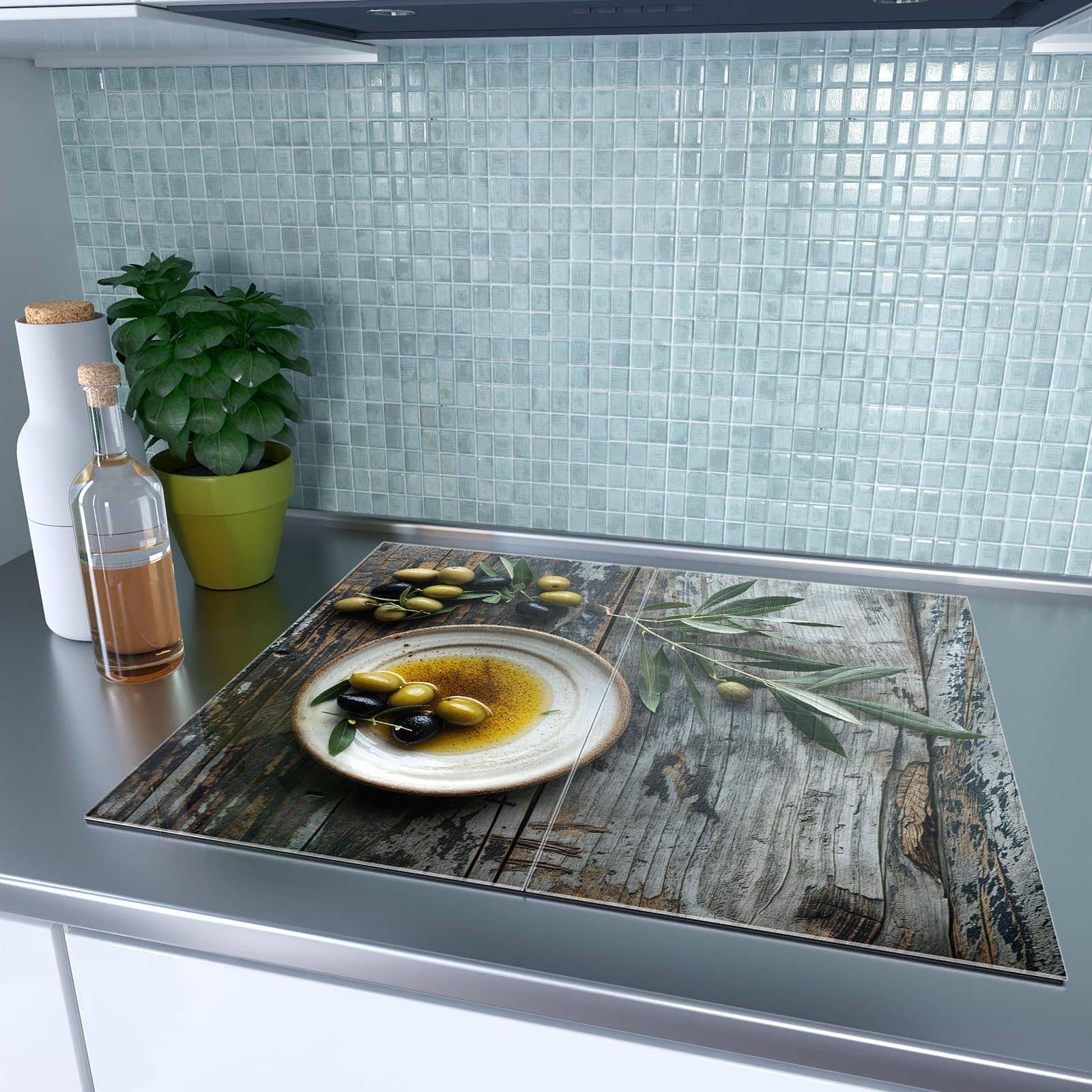 2-teilige Ceranfeld Abdeckungen mit Oliven auf Teller-Motiv auf dem Ceranfeld