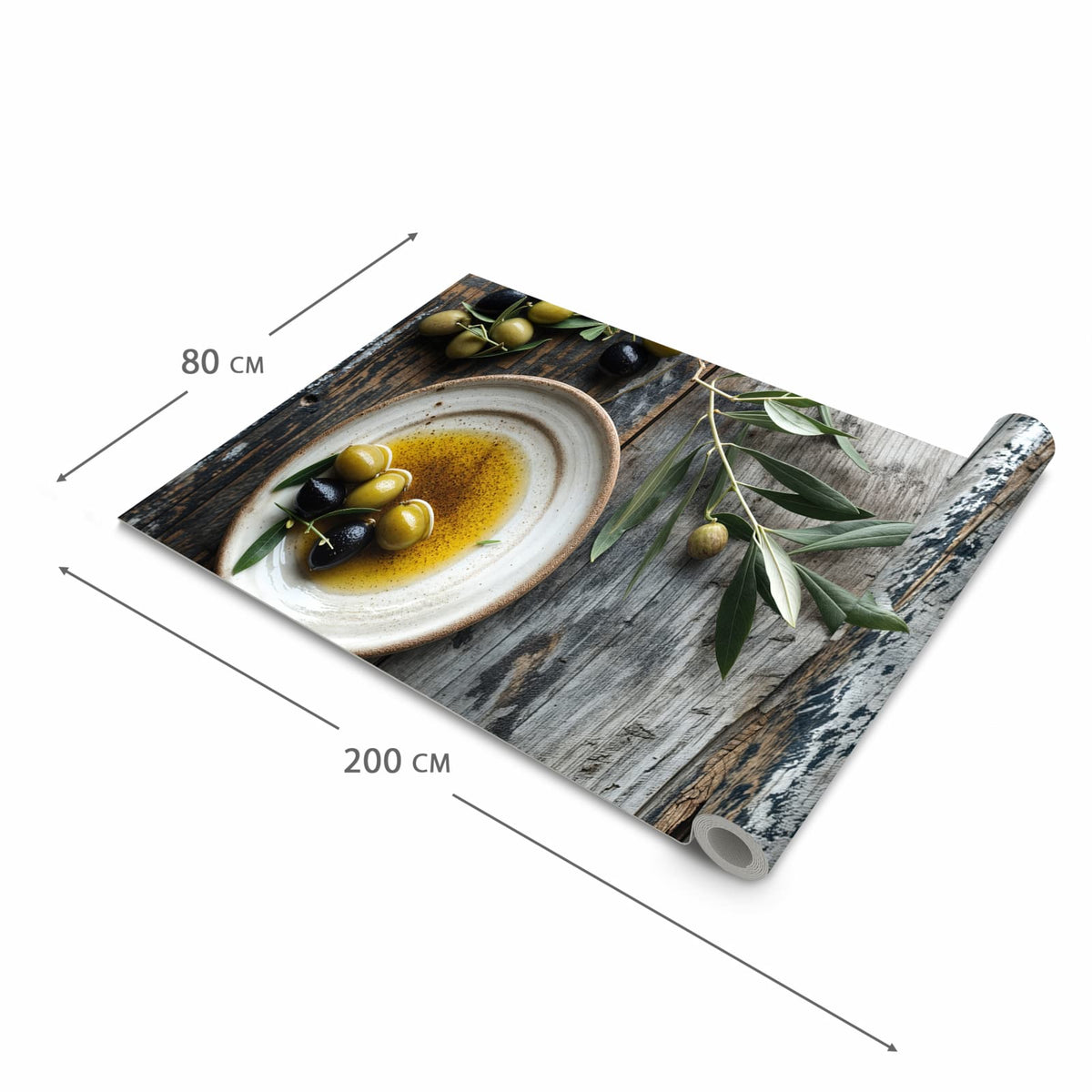 Langlebiger waschbarer Küchenläufer mit Motiv Oliven auf Teller in der Größe 80x250 cm
