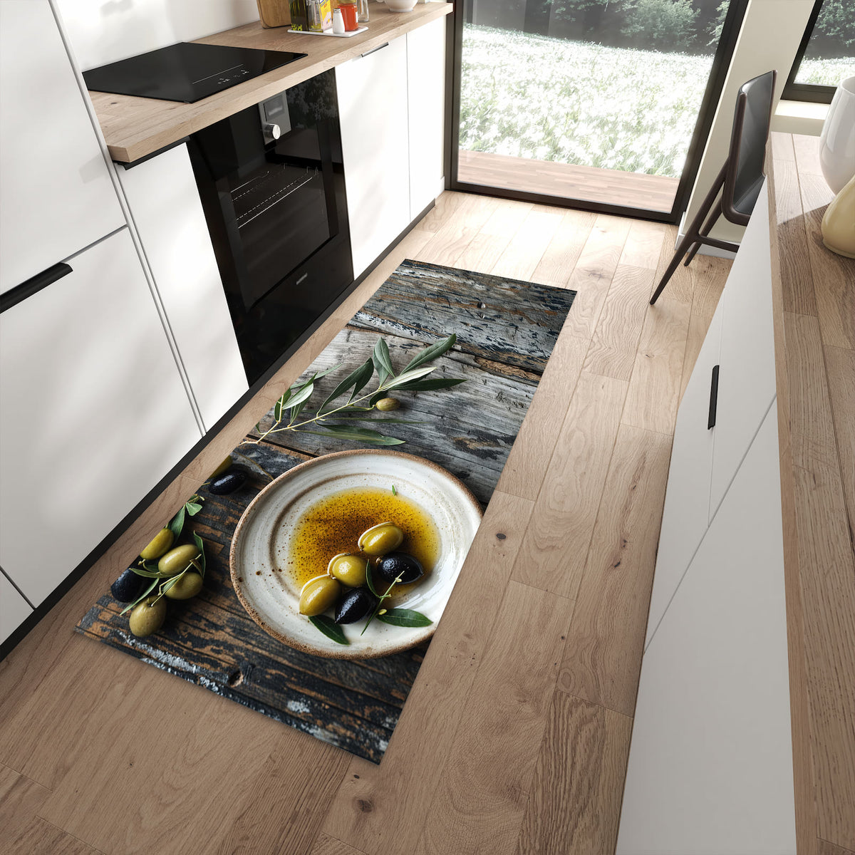 Flacher Küchenteppich mit Motiv Oliven auf Teller in moderner Küche