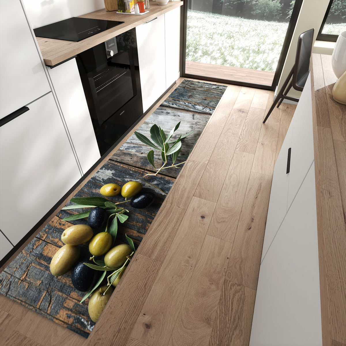 Geruchsneutraler Küchenteppich mit Motiv Oliven auf Teller in moderner Küche