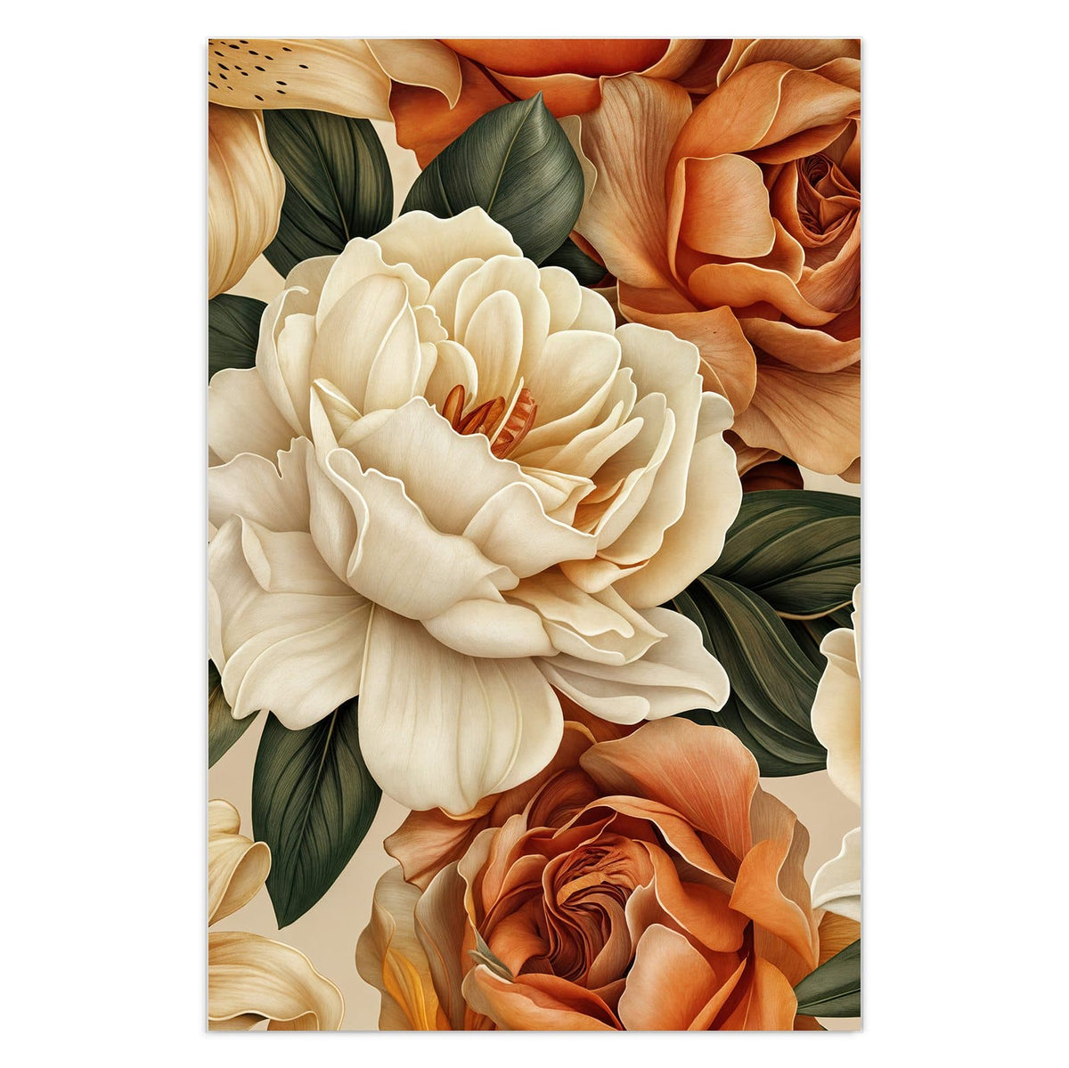 Illustriertes Blütenmuster aus cremeweißen Rosen, rostorangen Rosen und Lilien auf Beige