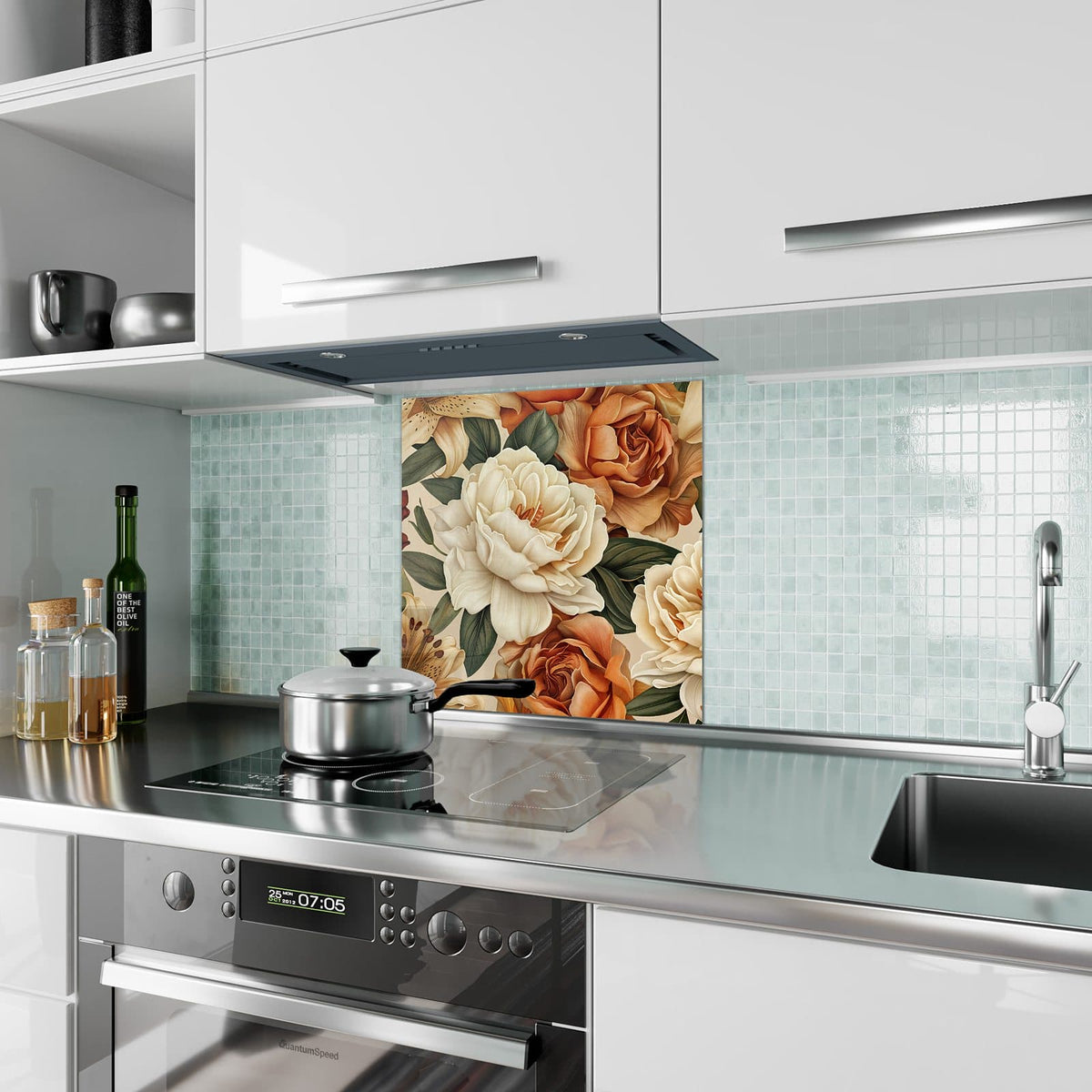 Küchenrückwand Rosen in Terrakotta aus Glas – Rosen und Lilien in Kupfertönen