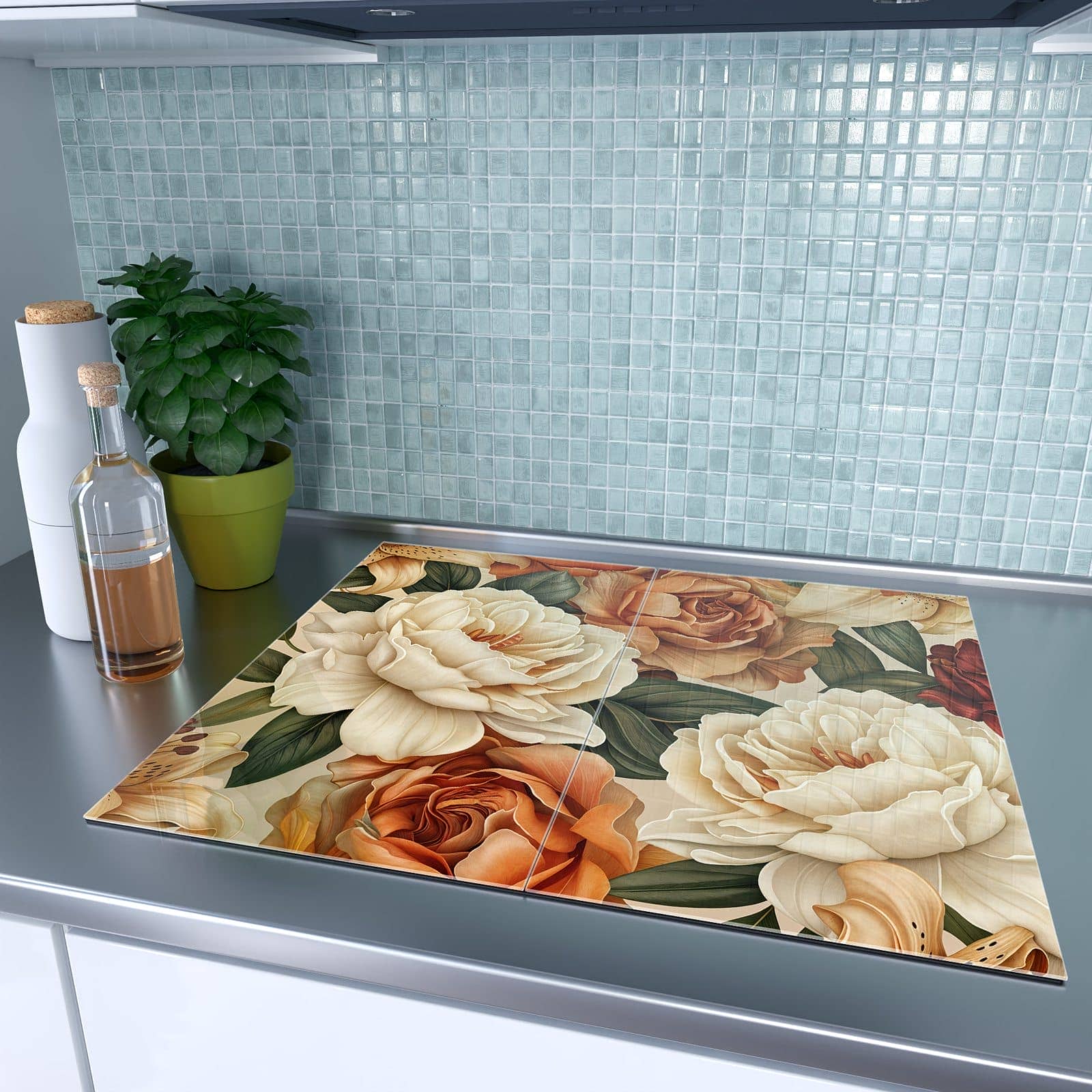 2-teilige Herdabdeckplatte mit Sanfte Blumenpracht-Motiv auf dem Ceranfeld