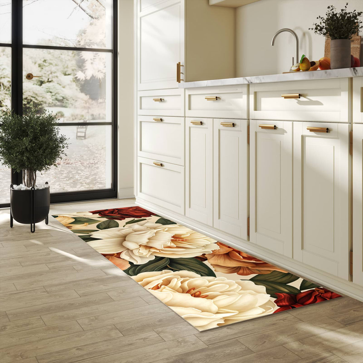Rutschfester Bodenläufer-Teppich mit Motiv Sanfte Blumenpracht in heller Küche