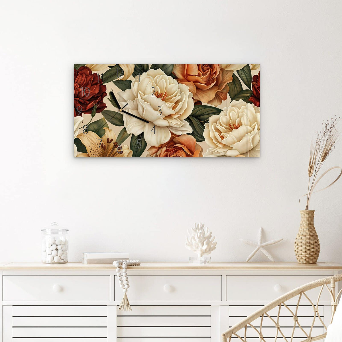 Wanduhr Sanfte Blumenpracht aus Glas – Querformat 60 × 30 cm – Rosen und Lilien in Kupfertönen