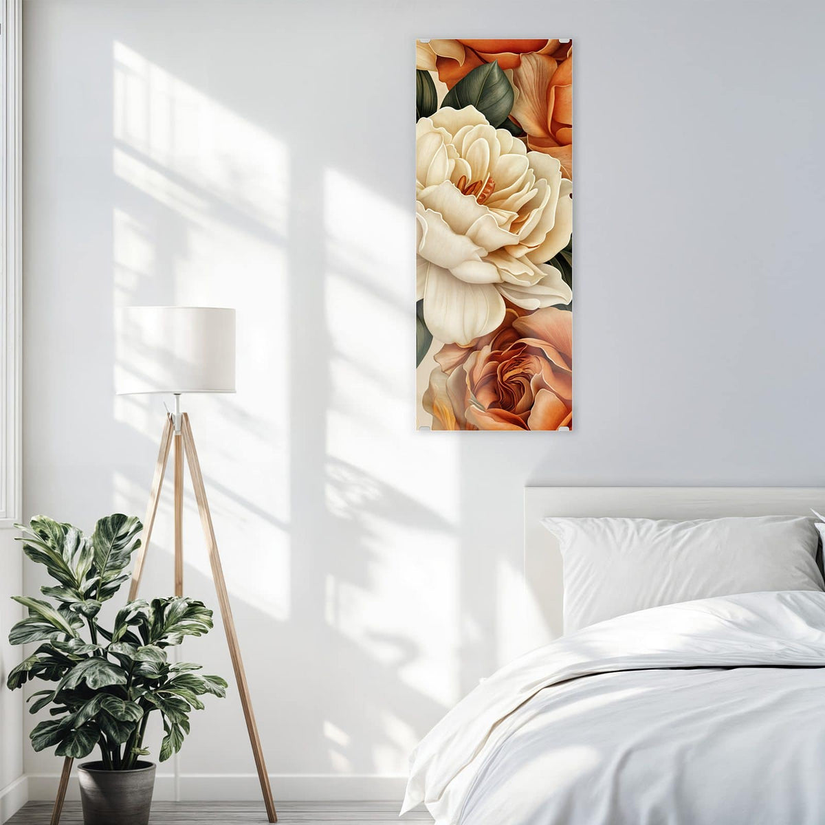 Glasbild Rosen in Terrakotta an der Wand – Illustriertes Blütenmuster aus cremeweißen Rosen, rostorangen Rosen und Lilien auf Beige