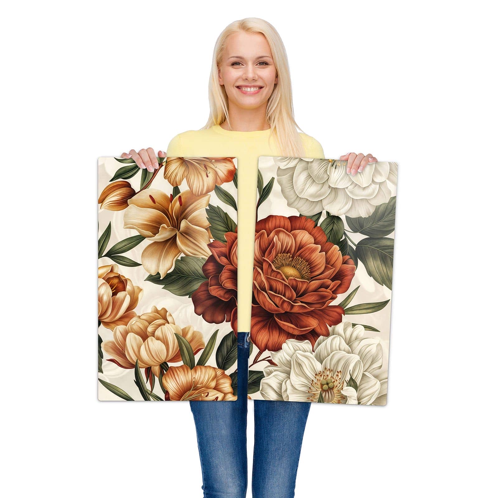 2-teilige Herdabdeckplatten für Ceranfeld mit Blumenmuster Vintage-Motiv wird zur Größendarstellung gehalten