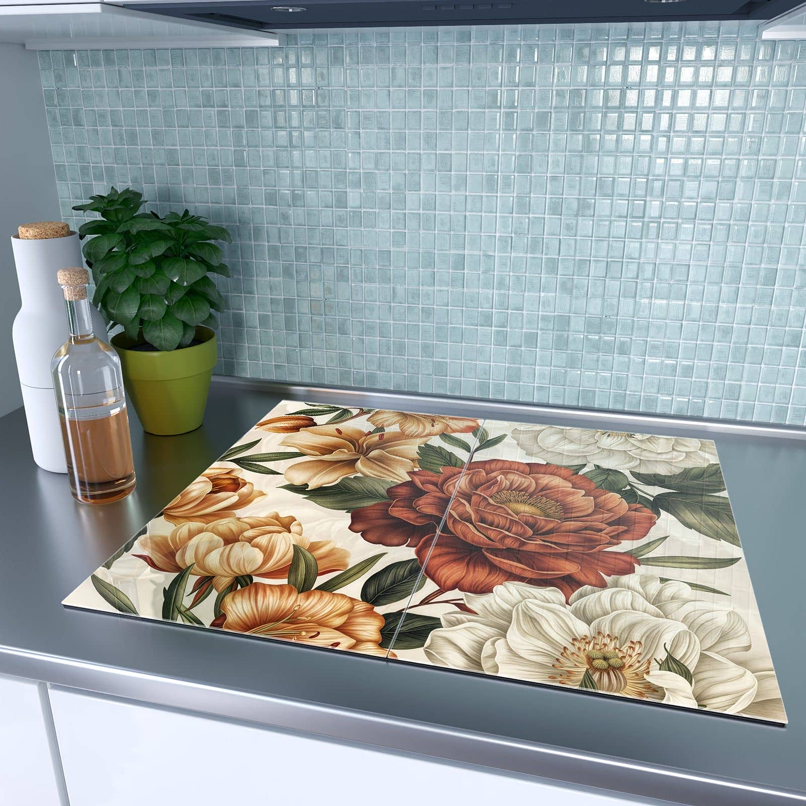 2-teilige Herdabdeckplatte mit Blumenmuster Vintage-Motiv auf dem Ceranfeld
