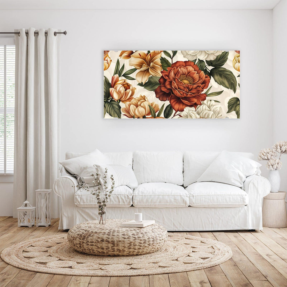 Wandbild - Vintage Blütenmuster - Querformat – Rote und weiße Blüten im Blätterwerk