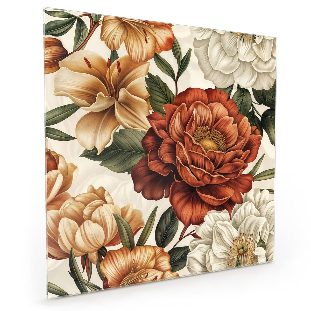 Küchenrückwand aus Glas im quadratischen Format mit Motiv Vintage Blütenmuster: Botanische Illustration mit großer roter Pfingstrose