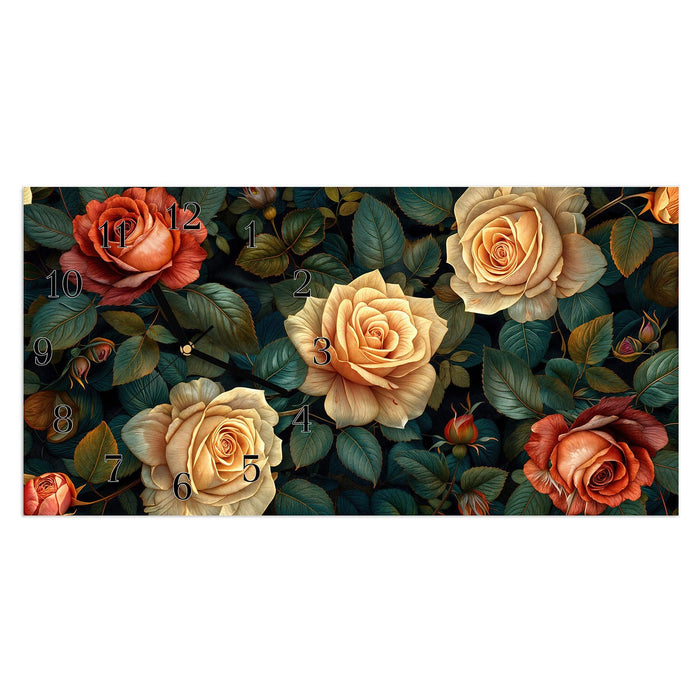 Wanduhr Rosenmuster Blumen aus Glas – Querformat 60 × 30 cm mit Ziffernblatt Klassisch
