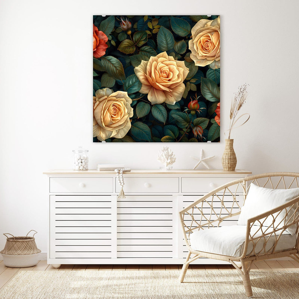 Glasbild Rosen in Apricot an der Wand – cremefarben-apricot Rosen zwischen dunkelgrün-blauen Blättern