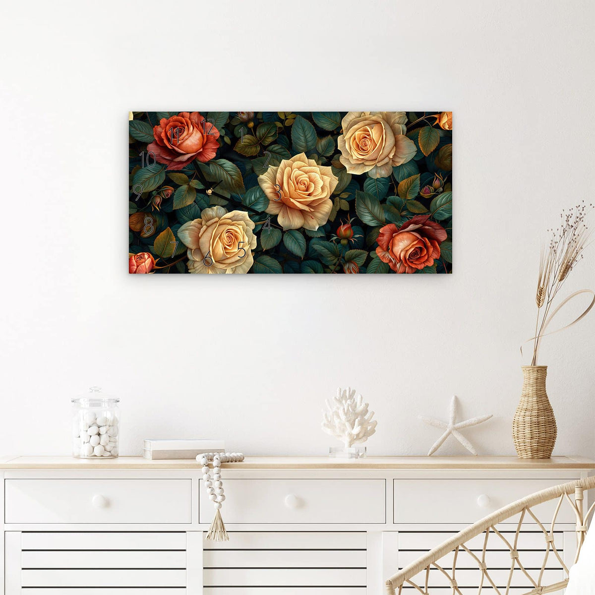 Wanduhr Rosenmuster Blumen aus Glas – Querformat 60 × 30 cm – Üppige Rosen in Beige und Orange